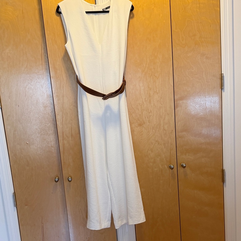 Zara Cream Jumpsuit with Brown Belt